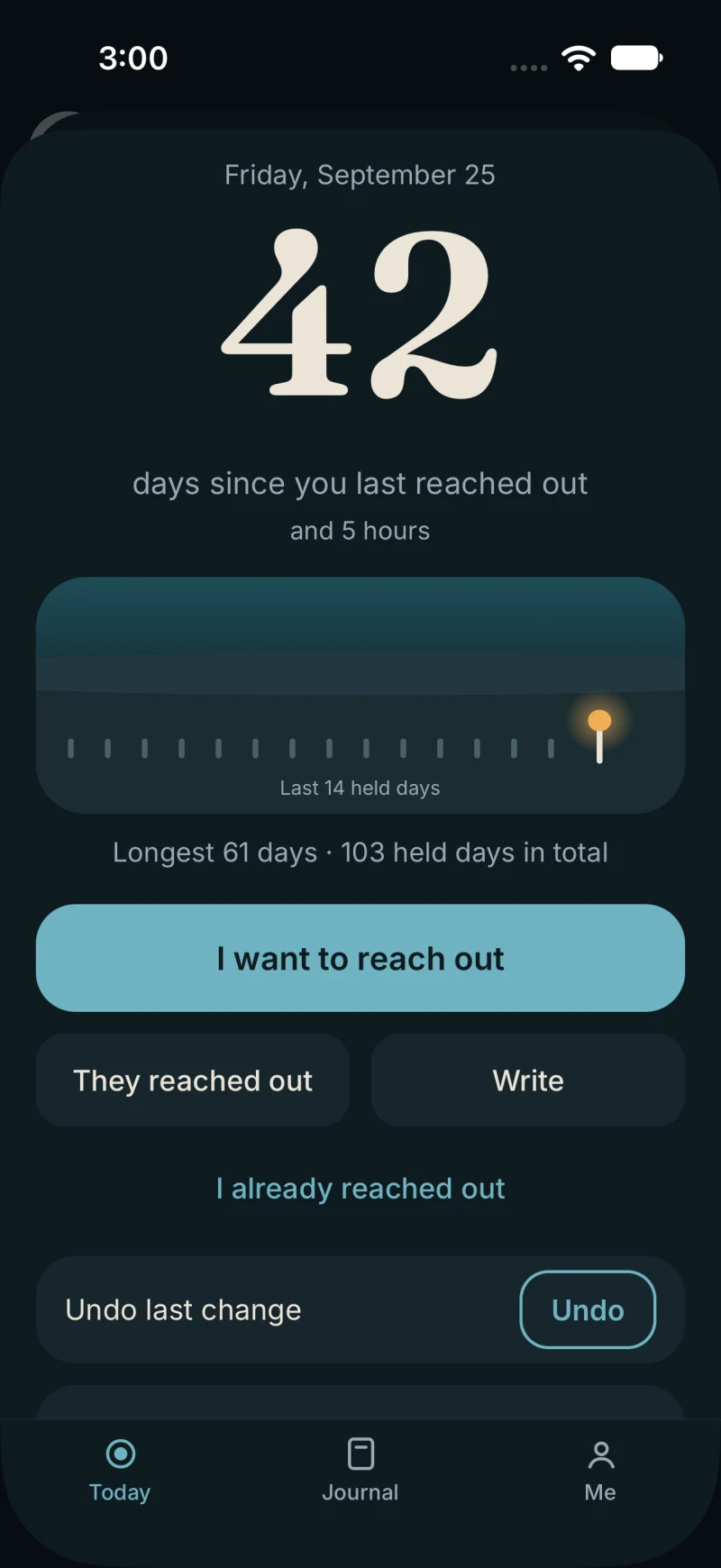 Hold On's Today screen at night: 42 days since you last reached out, and 5 hours. Longest 61 days, 103 held days in total.